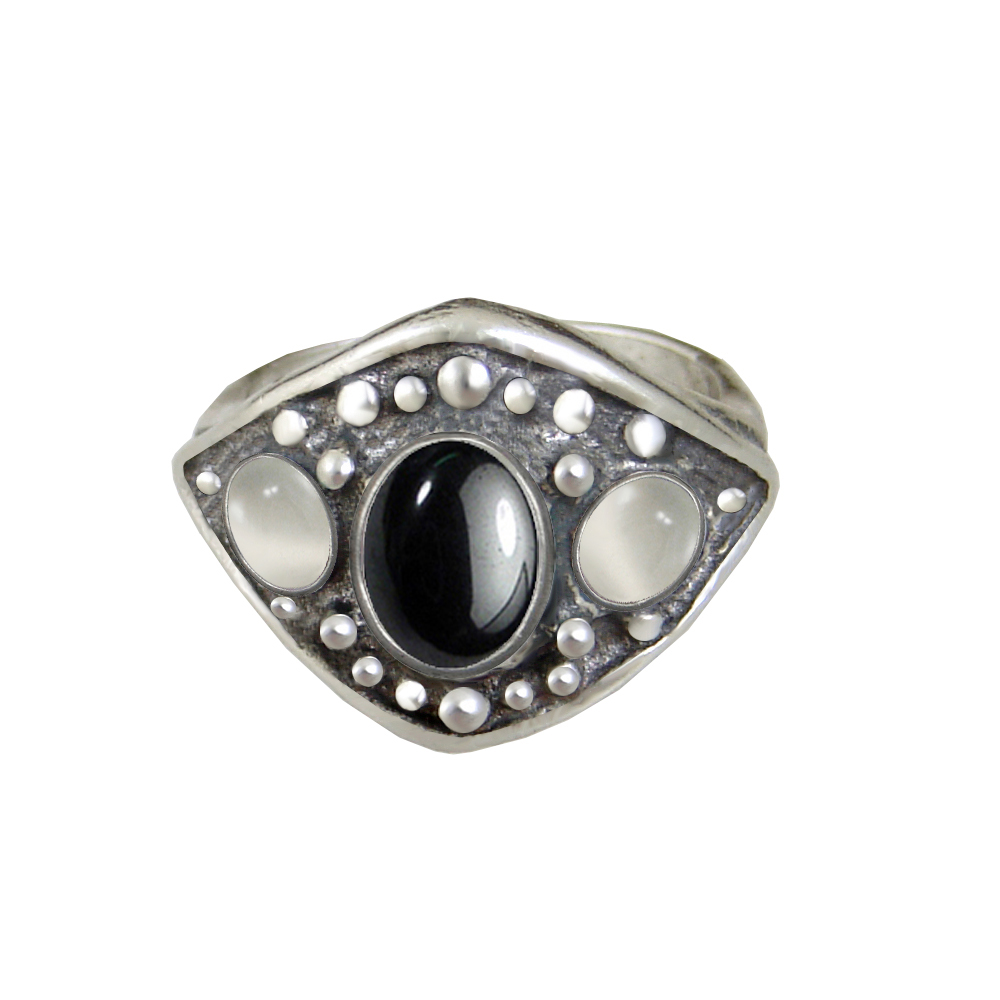 Sterling Silver Medieval Lady's Ring with Hematite And White Moonstone Size 9